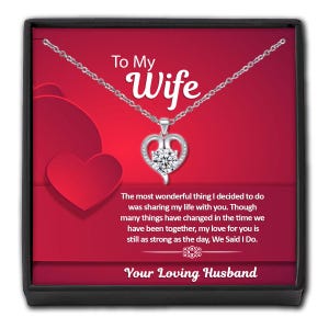 Collar de corazón de cristal para mi esposa, tarjeta con mensaje personalizado y caja de regalo: regalo de amor de mi esposo, recuerdo de cumpleaños.