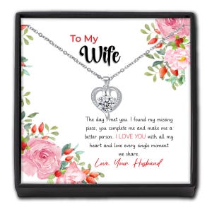 Aan mijn vrouw met kristallen hartketting - gepersonaliseerde tekstkaart met bloemen en geschenkdoos - cadeau haar liefde van echtgenoot aandenken verjaardagscadeau