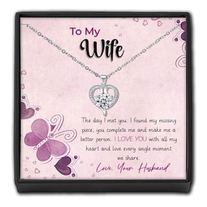 Collar para mi esposa - Joyas en caja con forma de corazón de cristal - Tarjeta personalizada de regalo para esposa de parte de esposo - Recuerdo de cumpleaños