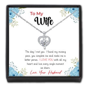To My Wife Crystal Heart Necklace - Blue Flower Personalised Message Card Gift for Wife Couple Keepsake From Your Husband Best Friend Love