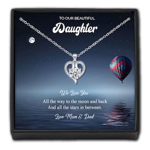 Collar "Para nuestra hija" - Joyas en caja con forma de corazón de cristal - Tarjeta personalizada de regalo para hija de mamá y papá - Recuerdo de cumpleaños y graduación