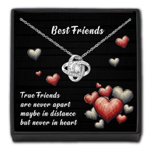 Regalo per le migliori amiche - Collana con ciondolo in cristallo con nodo dell'amicizia - Scheda personalizzata con cuore in scatola ricordo compleanno sorelle madre e figlia