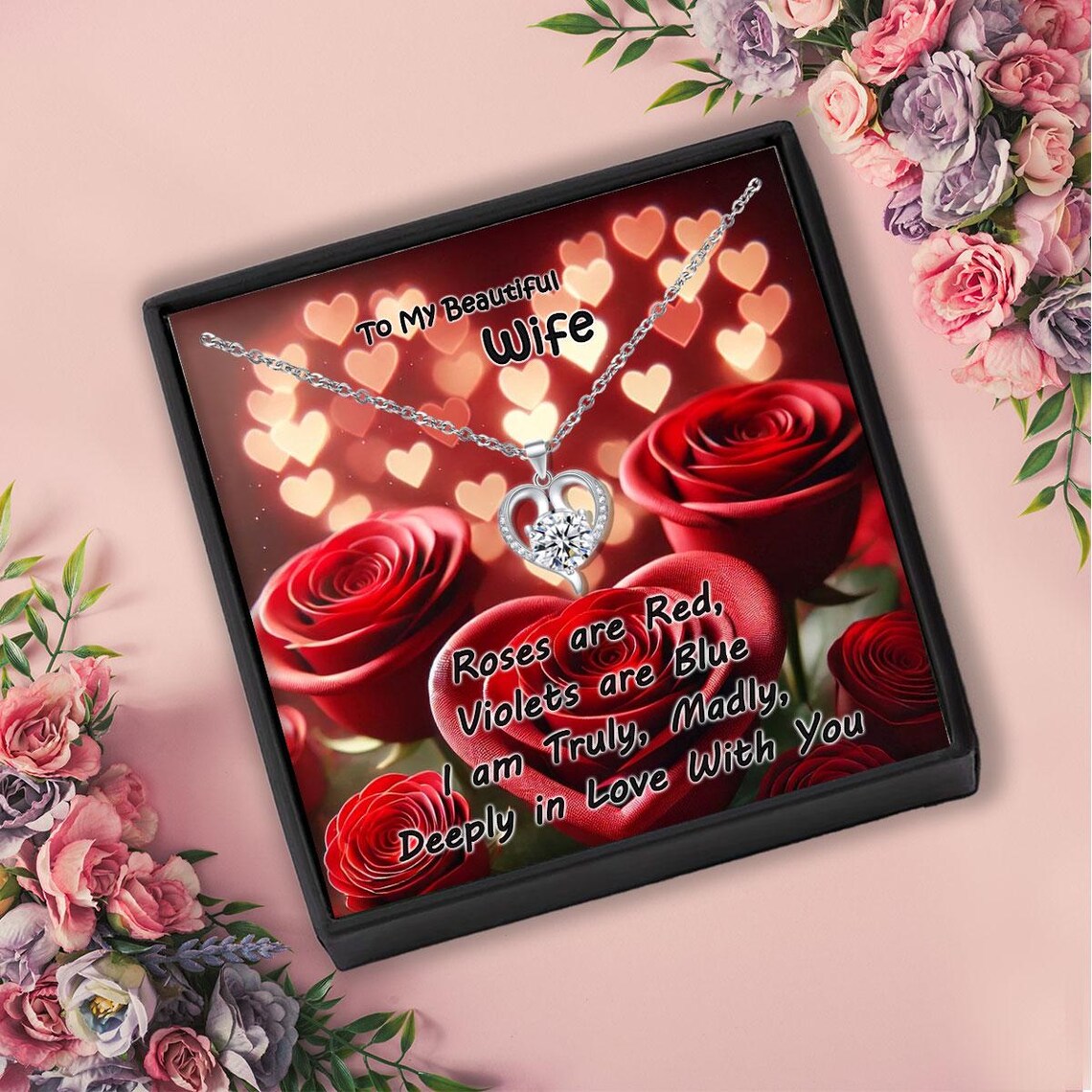 To My Beautiful Wife Crystal Heart Necklace Personalised Message Card ...
