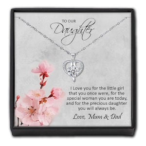 Collana con cuore di cristallo per figlia in scatola regalo - Biglietto di auguri con fiore rosa personalizzato da mamma e papà - Regalo ricordo per le donne