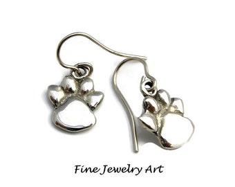 SALE Paw Print Earrings -14K Solid White Gold - Original Hand Sculpted Jewelry Design on 14K White Gold Earwires - Paw Print Drop Earrings