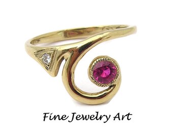SALE - Ruby & Diamond  Wave Ring  Handmade 14k Gold - Unique "Summer Splash"  Jewelry Art Design Flowing Ocean Wave - Original