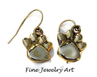 14k Solid Gold Paw Print Earrings Handmade Sculpted Drop Dangles on 14k Wires - Dog Paw - Cat Paw - Lion Paw by EVB Design Fine Jewelry Art