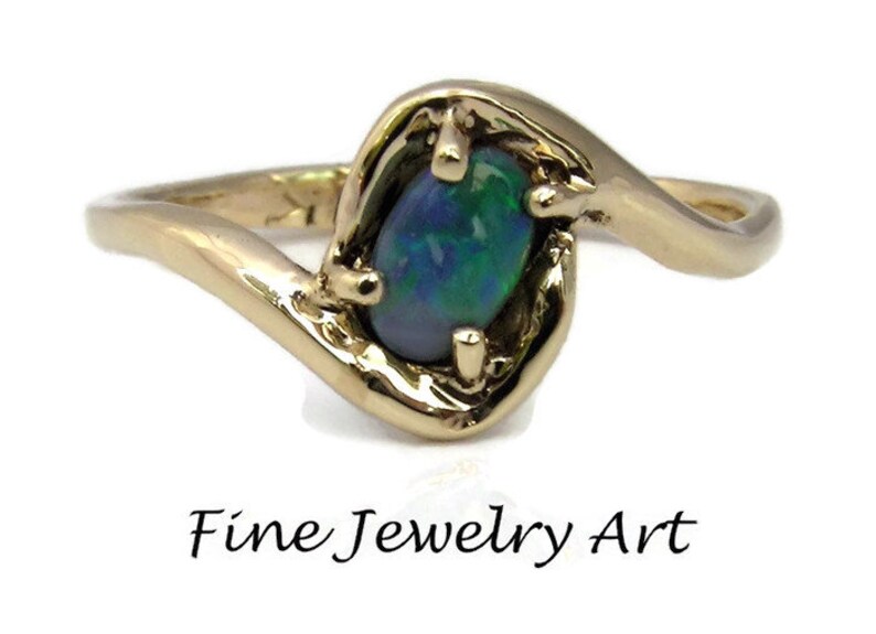 SALE Opal Ring Lively Blue Green Color Natural Australian Opal in 14k Yellow Gold Handmade Swirly Ring Design Simple & Dainty EVB image 1