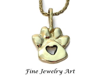 SALE 14k Solid Gold Paw Print Necklace with Center Heart Cut -Out Handmade Sculpted Original Pendant Design Pet Memorial - Pet Memento