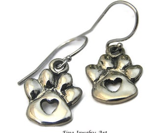 Solid 14k  White Gold Paw Print Earrings - Featuring Open Heart Cut Out Love Symbol - Original Sculpted Jewelry Artist Design  Drop Earrings