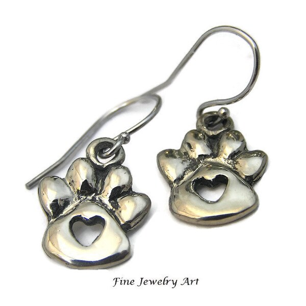 Solid 14k  White Gold Paw Print Earrings - Featuring Open Heart Cut Out Love Symbol - Original Sculpted Jewelry Artist Design  Drop Earrings