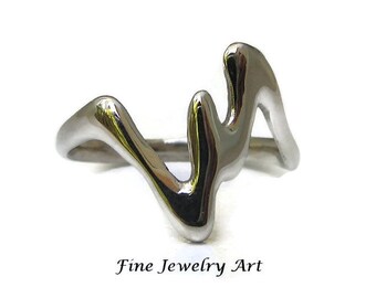 SALE Lightning Bolt Ring 14k White Gold - Organic Free form Movement - Sculptural Design Handmade High Polished Fluid  - Fine Jewelry Art