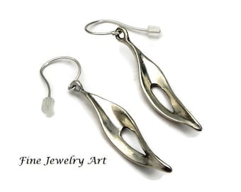 SALE - Leaf Earrings Dangle Sterling Silver Drop Style Simple Smooth Flowing Elegant Versatile Unique Original Design -  Fine Jewelry Art