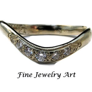 SALE - Curved Diamond Wedding Band - Elegant 5 Diamond Curved Ring Handmade 14k White Gold - Unique Timeless Design - White Gold Wave Band
