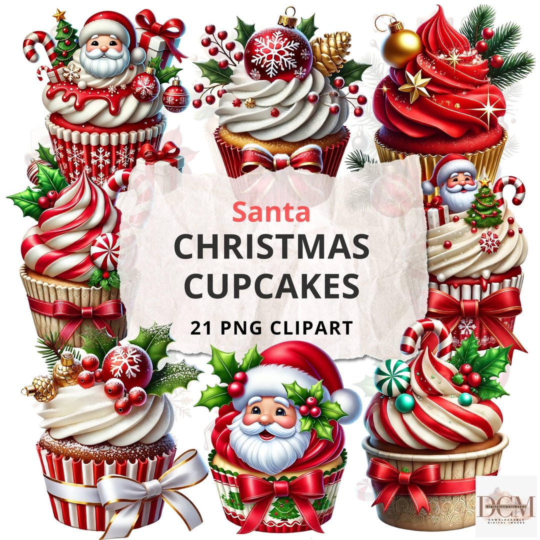 Santa Christmas Cupcakes Clipart Set - 21 Digital Images for Holiday ...