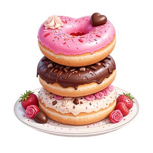 Valentine&#39;s Donut Tower Clipart - Digital Set (37 Images of Heart-Shaped and Decorated Donuts)