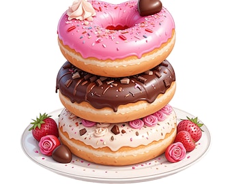 Valentine's Donut Tower Clipart - Digital Set (37 Images of Heart-Shaped and Decorated Donuts)