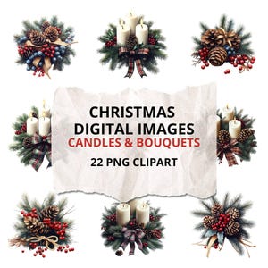Buquês e velas de Natal - Pinhas, galhos de pinheiro e arranjos de Natal Clipart digital