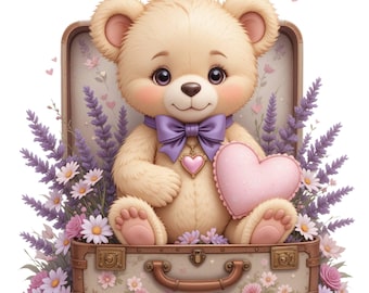 Valentine Teddy Bears in Suitcases Clipart – 78 PNG Images (Digital Set)