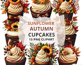 Sunflower Autumn Cupcakes Clipart - 13 Fall-Inspired Digital Images