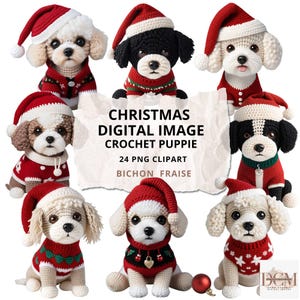 Image numérique de Noël au Crochet chiot, 24 cliparts PNG, Art chien de vacances, décoration de Noël bichon frisé, téléchargement numérique