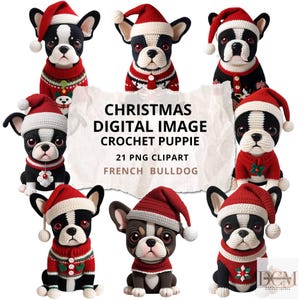 Weihnachten Französische Bulldogge Welpen Clipart, digitale PNG-Bilder, Festliche Urlaub Hundekunst, druckbare Weihnachtsdesigns, digitaler Download