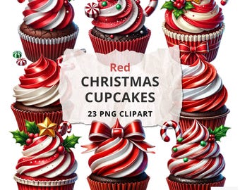 Red Christmas Cupcakes Clipart – Festive Holiday PNG Images (Digital Download)