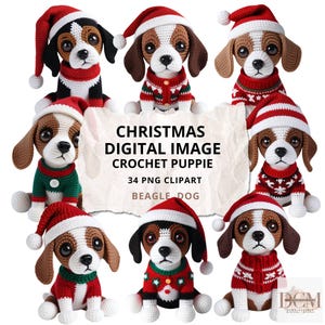 Kerst gehaakte beagle puppy&#39;s clipart, digitale download png, feestelijke hond illustraties, vakantie crafting, afdrukbare kerst ontwerpen
