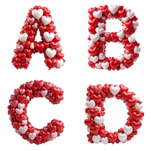 Balão de coração de dia dos namorados alfabeto e números clipart - conjunto digital (37 imagens de letras e números de balão em forma de coração)