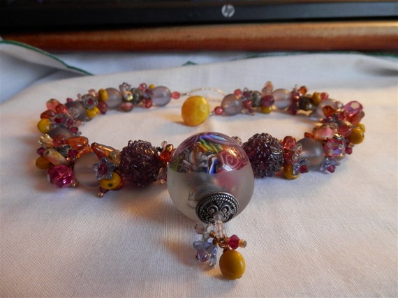 Blown Glass Floral Focal Bead Necklace - OOAK - image 7