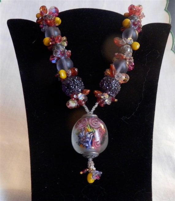 Blown Glass Floral Focal Bead Necklace - OOAK - image 5