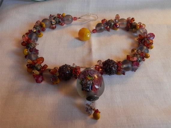 Blown Glass Floral Focal Bead Necklace - OOAK - image 6