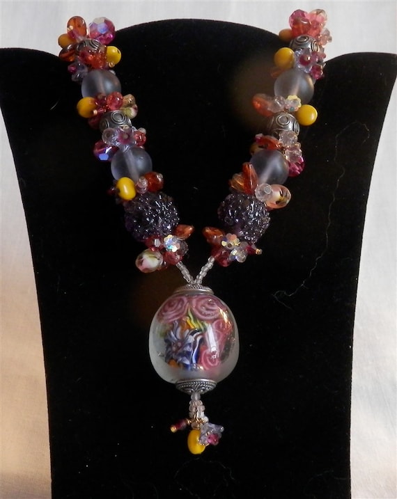 Blown Glass Floral Focal Bead Necklace - OOAK - image 1