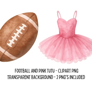 Puede incluir: Ilustración en acuarela de un balón de fútbol americano marrón con cordones blancos y un tutú rosa. La imagen incluye el texto "FOOTBALL AND PINK TUTU - CLIPART PNG TRANSPARENT BACKGROUND - 2 PNG'S INCLUDED."