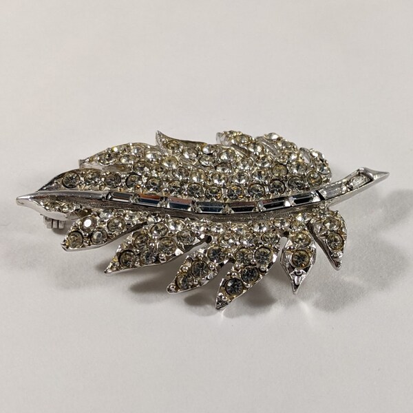 Vintage Pell Leaf Brooch, 1950s Rhinestone Costume Jewelry, Designer Signed