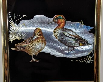 Vintage Kafka Screened Foil Etching, Framed Pair of Ducks, Mirrored Glass Print