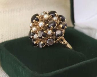Vintage Star Sapphire Seed Pearl Cluster Ring – 14k Gold Statement Estate Jewelry