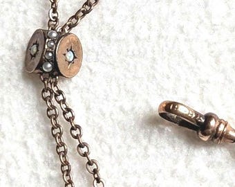 Antique Gold Filled Watch Fob Slider Necklace | Seed Pearl Opal Charm H&H Jewelry