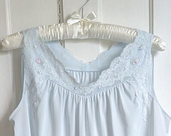 Vintage Shadowline Baby Blue Nylon Nightgown | Lace Bodice Embroidered Floral Detail | Romantic Vintage Lingerie