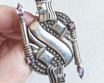 King of Diamonds Sterling Silver Brooch with Amethyst | Figural Playing Card Pin