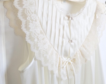Vintage 70s Cream Nylon Nightgown: Lace Yoke, Pintuck Bodice, Bow Detail, Midi Length