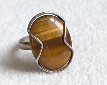 Vintage 835 Silver Tiger's Eye Ring | Mid-Century Modern Statement Jewelry, Size 8
