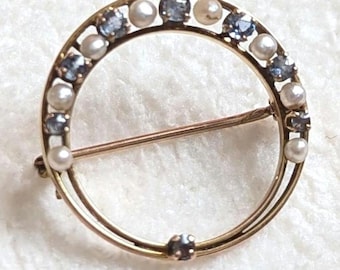 Antique Victorian 10k Gold Sapphire & Pearl Circle Brooch – Genuine 1800s Crescent Halo Pin