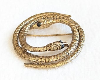 Vintage Gold Tone Double Snake Brooch | 1980s Serpent Pin with Tag