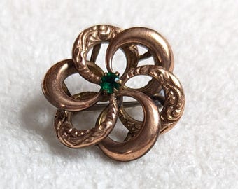 Vintage 1940s Copper Tone Floral Swirl Brooch | Green Glass Center | Art Nouveau Revival Pin