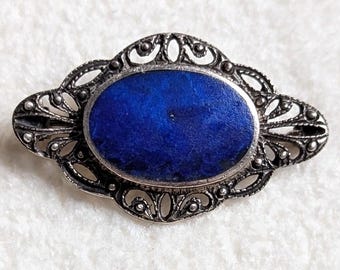 Sterling Silver Lapis Lazuli Marcasite Brooch | Art Deco Oval Pin | BOMA Jewelry