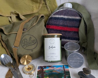 Vintage Camping Kit Bundle – Canvas Backpack, Canteen, Compass, Mess Kit, Cup