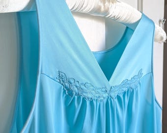 Vintage Aqua Nylon Nightgown: 1970s-1980s Flowy Slip Dress