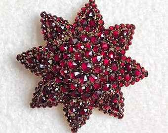 Antique Bohemian Garnet Star Brooch | Early 20th Century Victorian Revival Pin | Rose Cut Garnets