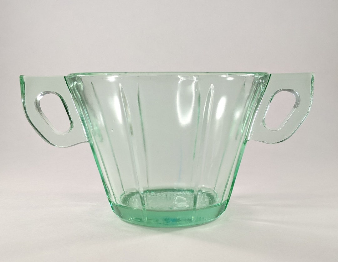 Green Vaseline Glass Sugar Bowl, Double Handles, Uranium Depression